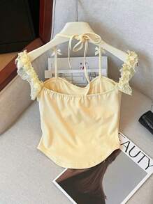 Flirla Plus Size Women's Digital Print Flower Edge Bow Ruffle Camisole - Yellow - View 2