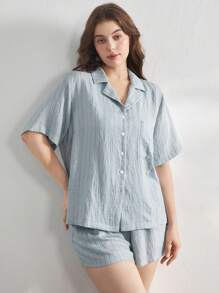 Ocili Conjunto de pijama de talla grande de lino suave a rayas con cuello, ropa de hogar informal - Azul - Ver 5