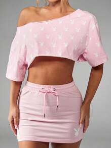 Missguided x Playboy Top corto de hombros al descubierto con estampado de conejito, de algodón, para verano, resort, casual, descanso, festival, club, ropa deportiva activa, moda de ocio