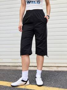 SHEIN Sports 女士松紧腰侧条纹宽松短款休闲运动裤 - 黑色 - 查看 3