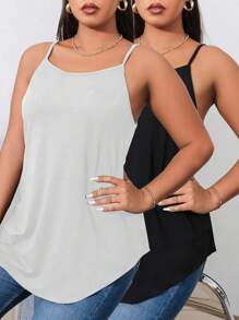 SHEIN EZwear 2pcs/Set Plus Size Solid Color Camisole Tank Tops, Summer Back To School - Multicolor - View 9