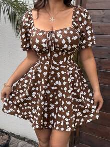 Sunnyshic Plus Size Women's Off Shoulder Ditsy Floral A-Line Dress, Vacation - Brown - View 4