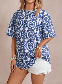 SHEIN VCAY Plus Size Vintage Style Hollow Out All-Over Print Round Neck Short Sleeve Shirt - Multicolor - View 3