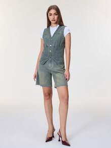 SHEIN BAE Áo khoác denim cổ chữ V cài một hàng khuy đơn giản cho nữ - Rửa nhẹ - Xem 8