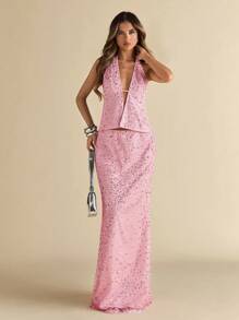 SHEIN BAE Damen Frühlings- und Sommer-Top mit schweren, glänzenden rosa Pailletten, Perlen, rückenfreiem Träger-Neckholder/Strandurlaubs-Top/Sommer-Tops/Rückenfreies Top/Pailletten-Top/Rosa Top