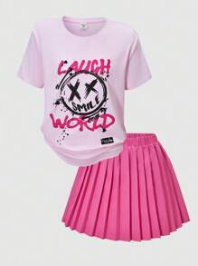 SHEIN ChillGRL 2pcs/Set Tween Girl Printed Top And Pleated Mini Skirt Set - Hot Pink - View 4