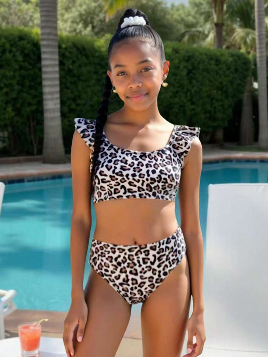 Tween Girls Leopard Print Ruffled 2-Piece Swimsuit, Suitable For Beach, Children Swimwear, Random Printed