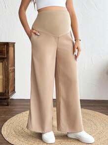 SHEIN Pantalones casuales de maternidad de unicolor, adecuados para el verano - Caqui - Ver 4
