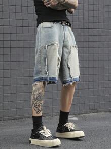 Manfinity EMRG 男士时尚牛仔短裤，适合夏季 - 藍色 - 查看 4