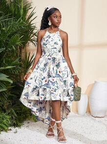 SHEIN 少女优雅简约露背热带植物印花花卉印花无袖连衣裙，夏季度假 - 杏色 - 查看 2