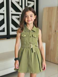 SHEIN Young Girls Summer Sleeveless Denim Dress With Shirt Collar And Pockets, Fashionable Denim Princess Dress, Suitable For Casual Outing Or Party Outfit, Spring Dress - Olive Green - View 1