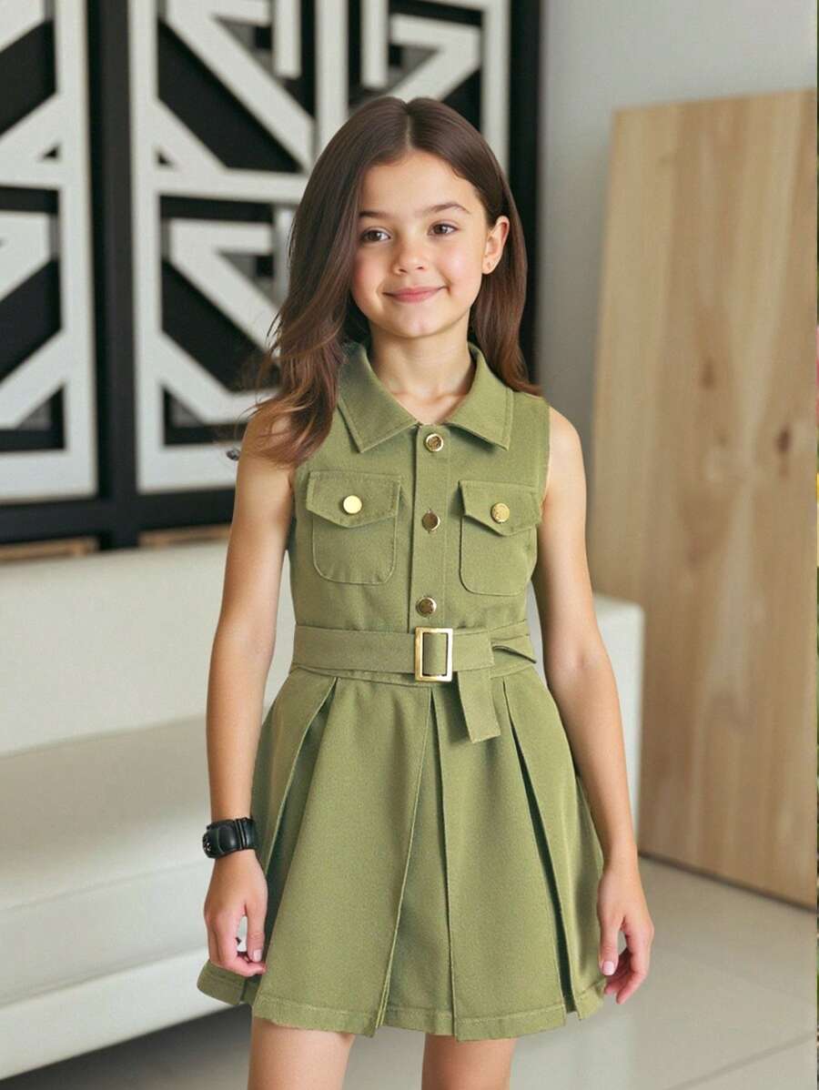 SHEIN Young Girls Summer Sleeveless Denim Dress With Shirt Collar And Pockets, Fashionable Denim Princess Dress, Suitable For Casual Outing Or Party Outfit, Spring Dress - Olive Green - View 1