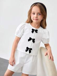 2 Stücke Set mit Kleine Mädchen Top mit rundem Ausschnitt und aufgeblähten Ärmeln und lässiger weiter Hose - Weiss - Übersicht 7