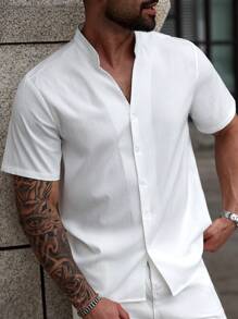 Manfinity CasualCool Camisa casual de manga corta de un solo abotonadura y unicolor para hombre de talla grande para el verano - Blanco - Ver 5