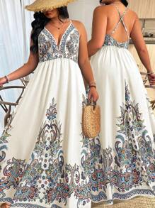 SHEIN LUNE Plus Size Deep V-Neck Print Adjustable Waist A-Line Dress, Suitable For Outing, Vacation, Dating And Party - Multicolor - View 7