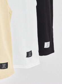 SHEIN 3 件套青少年男孩休闲街头时尚纯色字母印花圆领宽松无袖针织背心，3 种颜色 - 杏色 - 查看 3