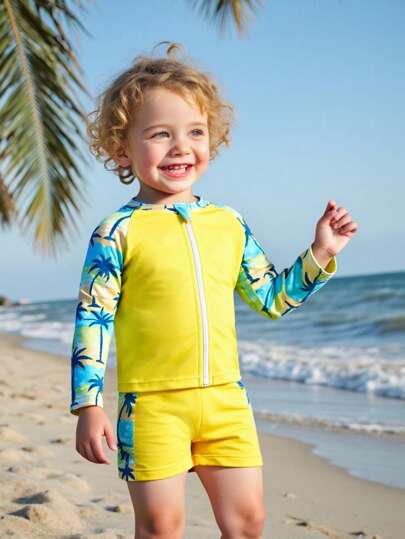 Baby/Toddler Boy Cute Print Long Sleeve Zip Front Tankini Swimsuit Set, Suitable For Swimming Pool