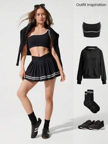 GLOWMODE Quick-Dry Court Crossover Waist Contrast Color Pleated Tennis Skirt Built-In Shorts Side Pockets Non-Slip Grips Tennis Golf Pickleball - Black - View 6