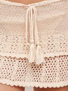 WESTFADE 夏季西部牛仔女装钩针抽绳流苏腰部分层荷叶边迷你沙滩裙纳什维尔西部牛仔女装牛仔竞技度假波西米亚风节日海滩 - 米色 - 查看 6