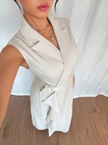 Elenzga Women's Elegant Off-White Summer Sleeveless Dress With Crisscross Tie Waist,Ruffled Hem&Adjustable Buckle For Tea Party,Vacation,Office,Commuting - Apricot - View 7