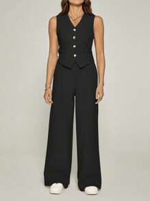 SHEIN Tall Women's Summer Casual Solid Color Tank Top And Pants Set - Black - View 5