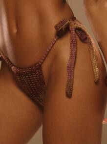 Musera Resort Tie Side Metallic Crochet Knit Bikini Bottoms Only Summer Vacation Ibiza Elegant Ibiza Cute Beach Festival Rave Boho HOLIDAY SUMMER Myrrh Spring - Multicolor - View 5