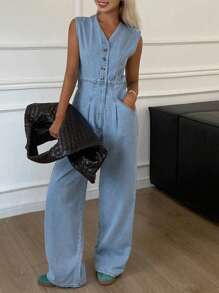 Livesso 女式夏季修身V领束腰无袖休闲牛仔连体裤和工装裤 - 白色 - 查看 2