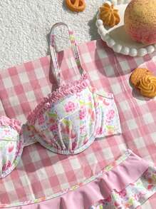 Swim Mod 2pcs Women Summer Beach Holiday Sweet Cute Random Floral Print Wire-Free Push Up Ruffled Swimsuit Set - Multicolor - View 4