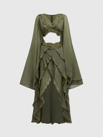 Fairycore Women's Retro Music Festival Fairy Embroidered Cape Dress