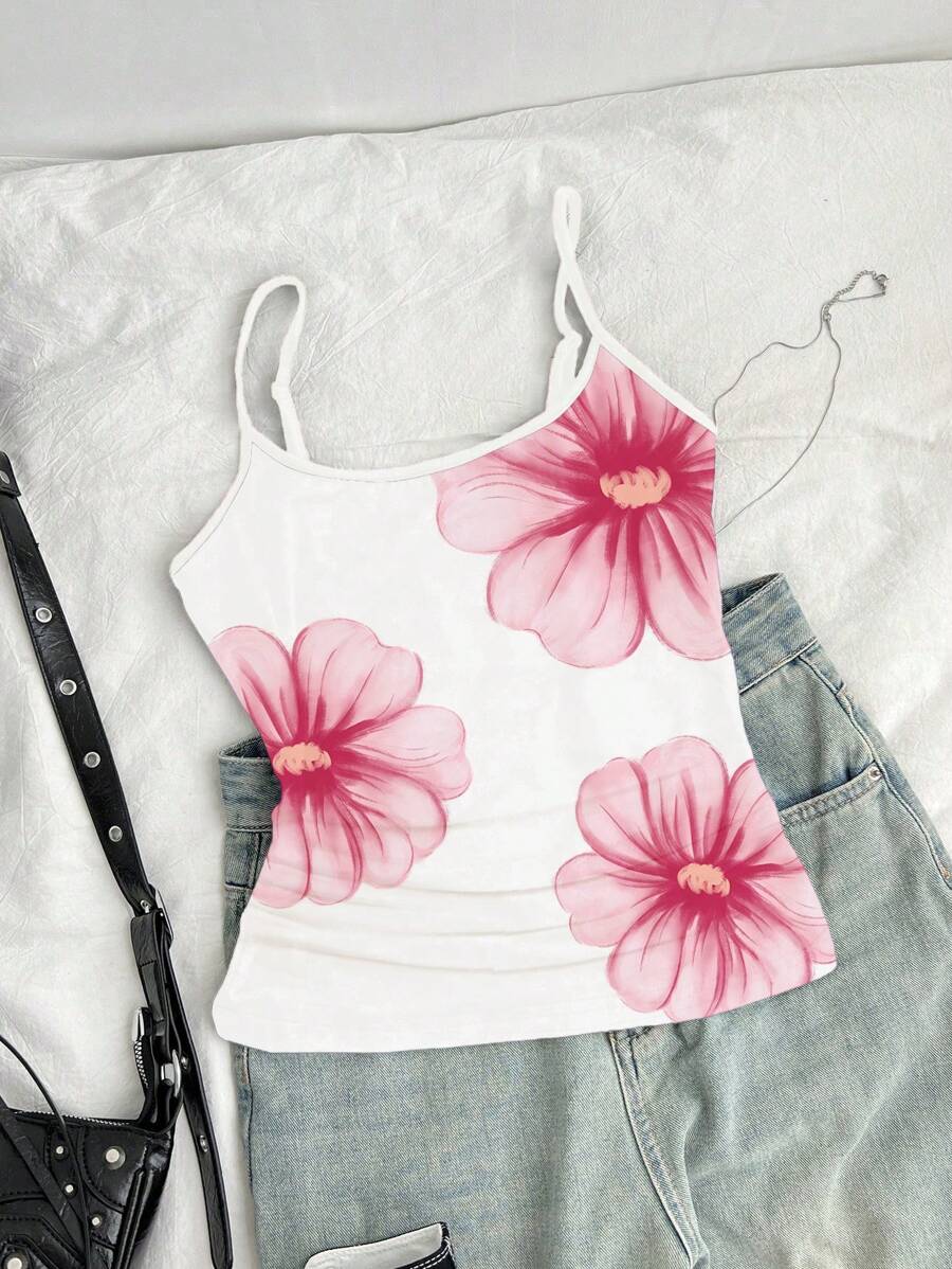 SHEIN Parte superior deportiva casual ajustada de tirantes con cintura fruncida con estampado floral de vacaciones para niñas preadolescentes - Blanco - Ver 1