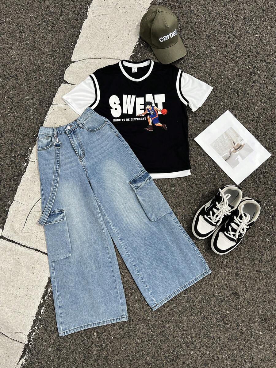 SHEIN 青少年男孩时尚休闲复古蓝色工装口袋活动带设计宽松舒适牛仔裤,柔软舒适,适合日常穿着,也适合春夏狂欢节和海滩穿着。 - 藍色 - 查看 1