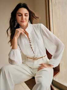 Anewsta 女士雪纺蕾丝拼布白色衬衫，新款优雅长袖衬衫，适合春季、节日、假日、度假、海滩、优雅 - 白色 - 查看 1