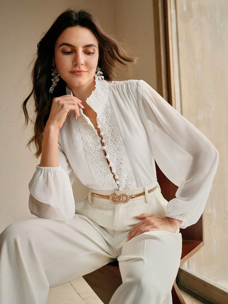 Anewsta 女士雪纺蕾丝拼布白色衬衫，新款优雅长袖衬衫，适合春季、节日、假日、度假、海滩、优雅 - 白色 - 查看 1