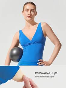 FeatherFit™ Studio Glow Áo crop top cổ chữ V có thể tháo rời Áo ngực thể thao Yoga Pilates Barre Studio tác động thấp Trang phục thường ngày - Xanh đậm - Xem 3