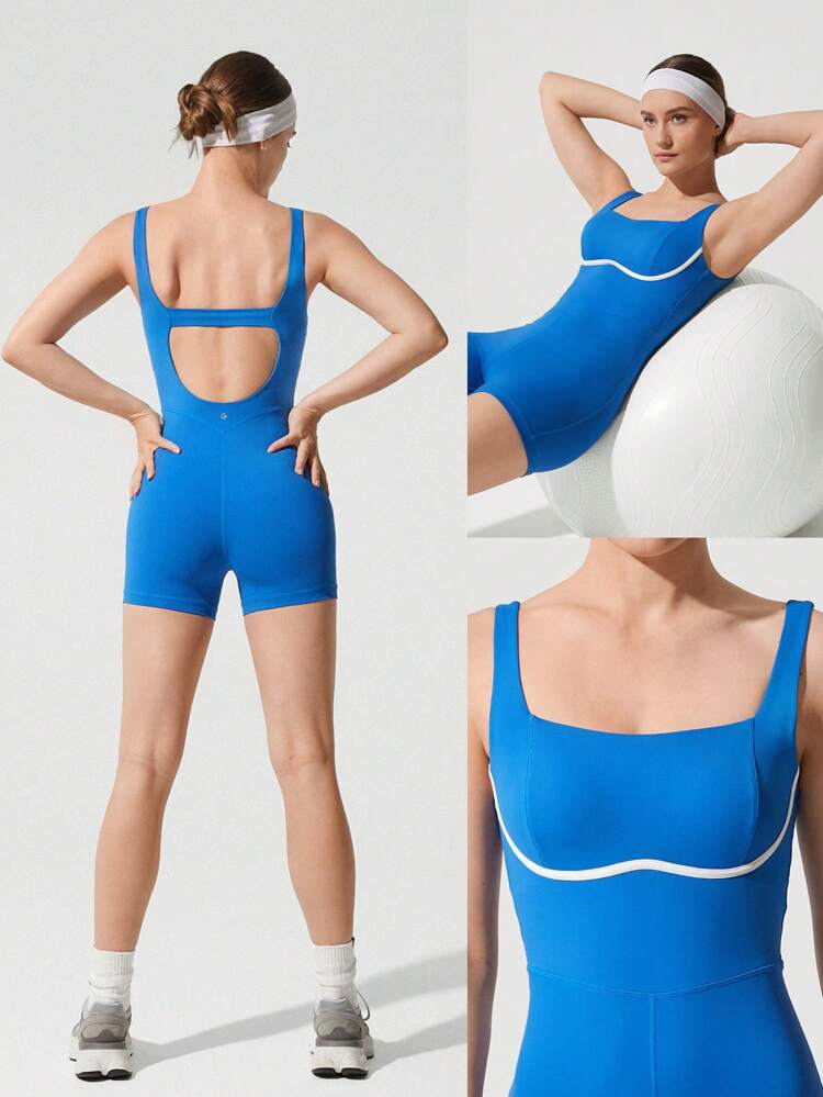 3.5" Quick-Dry Cutout Back Color Contrasting Stripes Romper Low Impact Yoga Pilates Barre Studio Daily Casual Wear Removable Cups