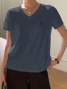 DAZY 女士V领刺绣短袖休闲T恤 - 藍色 - 查看 4