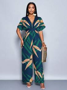 SOLERSUN Women's Chain Print Batwing Sleeve Jumpsuit, Summer - Dark Green - View 6