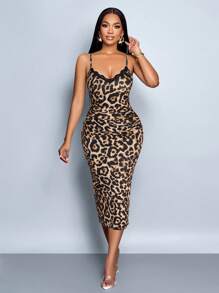 SOLERSUN Elegant Commuting Retro Sexy Business Old-Money Style Casual Sleeveless V-Neck Valentine's Day Wedding Season Party Holiday Music Festival Leopard Print Dress, Back To School Clothes Teacher Outfits - Brown - View 6