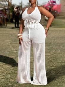 2025 春夏新品 音乐节,复活节,西部,游牧,波西米亚,纳什维尔,生日派对,毕业典礼,学生,日常休闲,基础款,休闲,度假,邮轮旅行,海滩,日光浴,休闲度假,海滩度假,休闲度假 印花,镂空,白色,流苏,钩编,针织,性感,无袖 挂脖 低胸 系带 修身上衣/直筒 加长裤 加大码 针织 2 件套 - A - 白色 - 查看 7