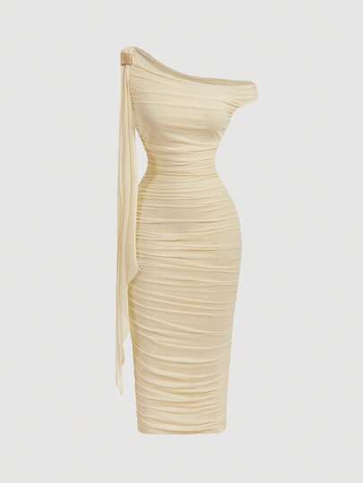 SHEIN MOD Vestido elegante de largo medio con cuello asimétrico, volantes y parches en color liso con efecto tie-dye para mujeres