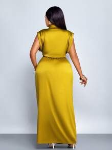 SOLERSUN Women Commute Minimalist Office Old Money Simple Lapel Neck Batwing Sleeve Ruched Bodycon Satin Dress Maxi Women Outfit - Yellow - View 2