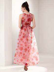 Modelyn Women's Elegant Summer Pink Floral Maxi Dress,V-Neck Sleeveless Wedding Ninang Gown,3D Floral Appliques Pearl Accents Woven Textured Flared Hem Dress - Multicolor - View 2
