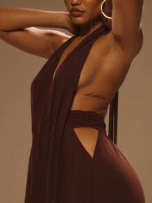 MUSERA 露背吊带深V透视长裙，适合夏季度假、伊比沙岛、伊比沙岛、可爱海滩、音乐节、锐舞派对、波西米亚风海滩装扮、假日夏季服装、婚礼宾客、夜间外出、婚礼宾客、优雅约会之夜、秋季毕业典礼等场合。 - 棕色 - 查看 2