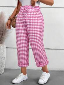 SHEIN VCAY Quần ống côn kẻ caro thắt eo cỡ lớn dành cho nữ, bộ đồ hè thường ngày cho nữ, quần áo nữ, quần dài nữ, trang phục mùa hè, quần hè. - Màu Hồng Tươi - Xem 1