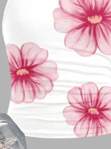 SHEIN Parte superior deportiva casual ajustada de tirantes con cintura fruncida con estampado floral de vacaciones para niñas preadolescentes - Blanco - Ver 5