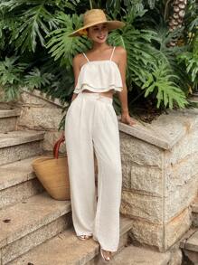 Livesso 2pcs/Set Women Beach Vacation Ruffled Strap Loose Leg Pants Suit - Apricot - View 5