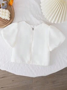 SHEIN 青少年女孩 V 领蝴蝶结纽扣撞色休闲衬衫，夏季 - 白色 - 查看 2