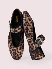 CUCCOO DOLLMOD Women's Brown Leopard Print Mary Jane Flats, Stylish For Commuting - Brown - View 2