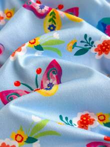 年轻女孩休闲可爱针织蓝色卡通蝴蝶图案短袖连衣裙 - 藍色 - 查看 11