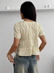 Coolane Women's Spring Summer Y2K Fashion Date Night Music Festival Concert Pleated Ruched Lace Up Split Side White Crew Neck Short Sleeve Blouses